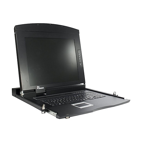 Schwarze Rack-Konsole mit ausgeklapptem Bildschirm, Tastatur und Touchpad vor weißem Hintergrund.