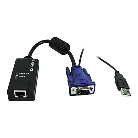 Adapter mit Ethernet-Anschluss, blauem VGA-Stecker und USB-Kabel auf weißem Hintergrund.