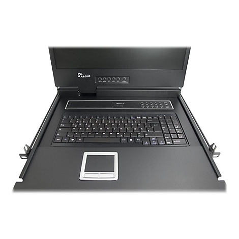Schwarze Rack-Konsole mit Tastatur, Touchpad und hochgeklapptem Bildschirm sowie Argus-Logo.