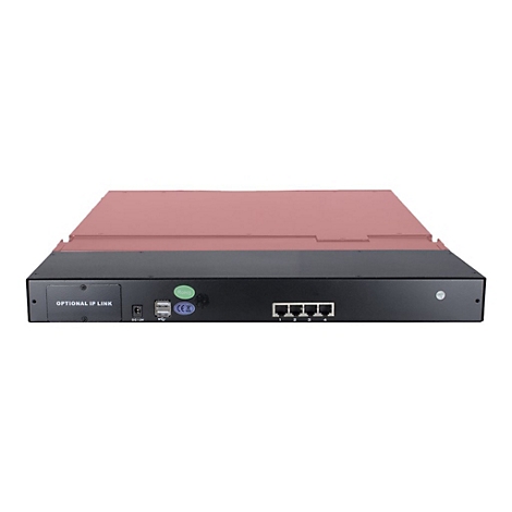 Rückseite eines schwarzen Netzwerkgeräts mit vier LAN-Ports, USB-Anschlüssen, Stromanschluss und IP-Link-Beschriftung.