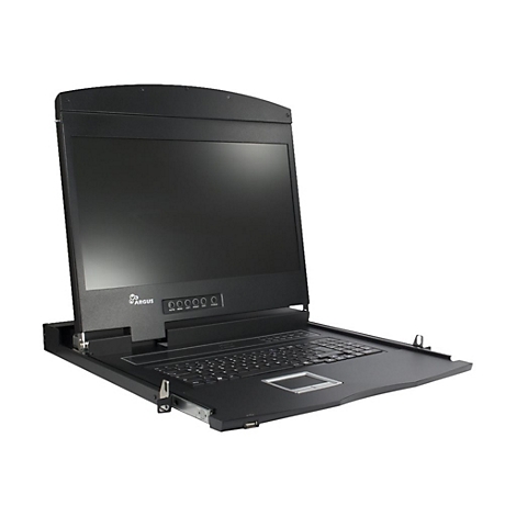 Schwarze Rackmount-Konsole mit aufgeklapptem Bildschirm, Tastatur und Touchpad vor weißem Hintergrund.
