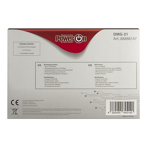 RÃ¼ckseite einer weiÃŸen Produktverpackung mit technischer Beschreibung. Oben rechts steht DMG-31. Unten rechts befindet sich ein Barcode.