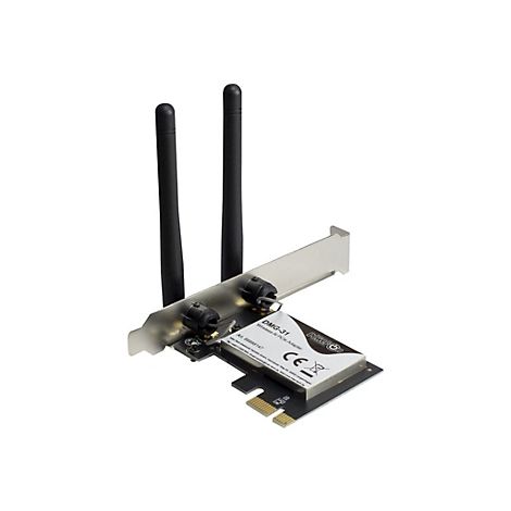Ein schwarz-silberner WLAN-Adapter mit zwei Antennen, vor weiÃŸem Hintergrund.