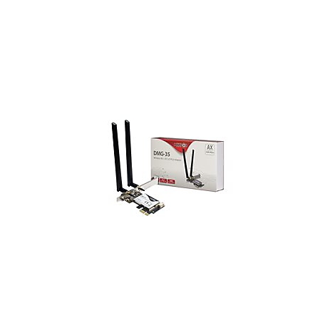 Ein WLAN-Adapter mit zwei Antennen und seiner Verpackung, die das Modell DMG-35 zeigt.