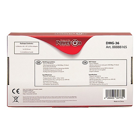 Rückseite der PowerOn DMG-36 WLAN- und Bluetooth-Adapter-Verpackung mit technischen Spezifikationen und Barcode.