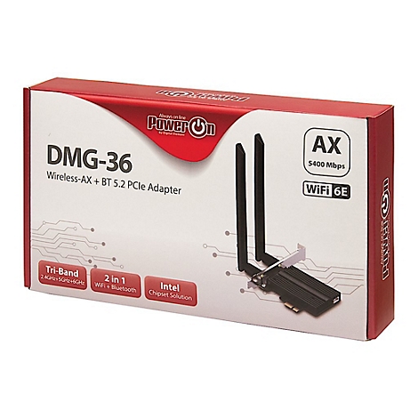 Verkaufsverpackung des PowerOn DMG-36 PCIe-Adapters mit WLAN 6E und Bluetooth 5.2 Antennen.