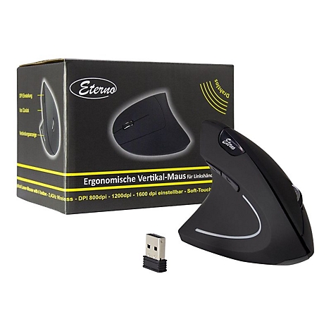 Schwarze, ergonomische Vertikal-Maus für Linkshänder mit USB-Empfänger und Produktverpackung.