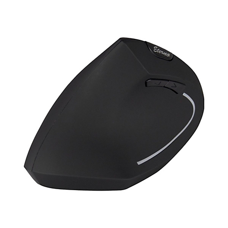 Schwarze, ergonomische Vertikal-Maus der Marke Eterno auf weißem Hintergrund.