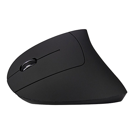 Schwarze, ergonomische vertikale Computermaus auf weißem Hintergrund.