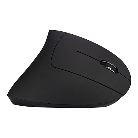 Schwarze, ergonomisch geformte vertikale Computermaus vor weißem Hintergrund.