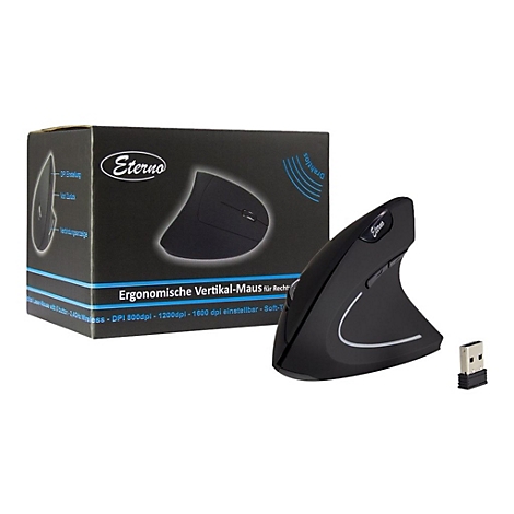 Schwarze vertikale Funkmaus mit USB-Empfänger und Produktverpackung vor weißem Hintergrund.