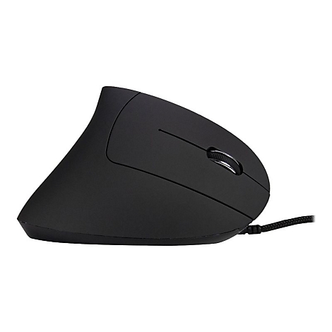 Schwarze, ergonomische Vertikal-Maus mit Mausrad vor weißem Hintergrund.