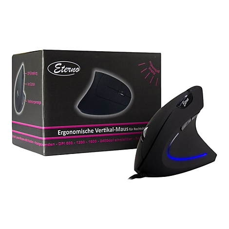 Schwarze vertikale ergonomische Computermaus von Eterno vor ihrer Produktverpackung.
