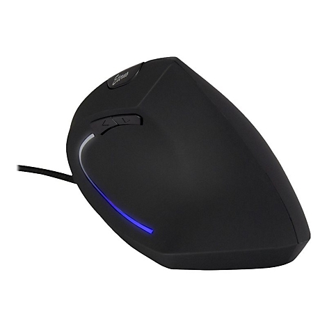 Schwarze, ergonomische Vertikal-Maus mit blauer LED-Beleuchtung und seitlichen Tasten vor weißem Hintergrund.