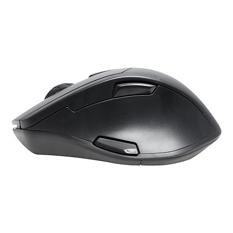 Seitenansicht einer ergonomischen schwarzen Computermaus mit zwei Seitentasten vor weißem Hintergrund.