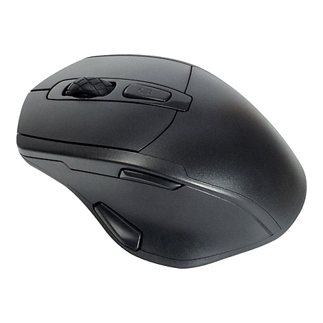 Eine schwarze, ergonomische Computermaus mit seitlichen Tasten und einem Scrollrad vor weißem Hintergrund.