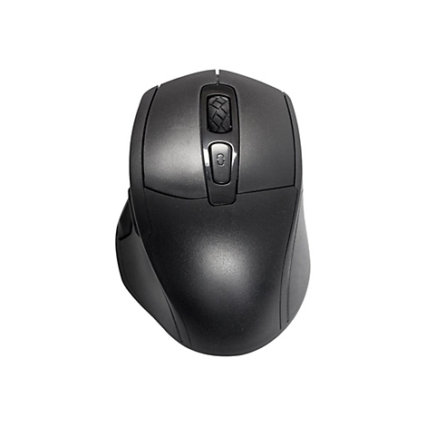 Schwarze kabellose Computermaus vor weißem Hintergrund mit Scrollrad und Zusatztaste.
