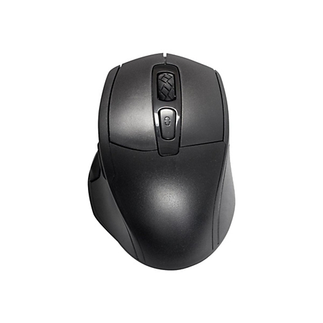 Schwarze, kabellose Computermaus vor weißem Hintergrund mit Mausrad und zusätzlicher Taste.