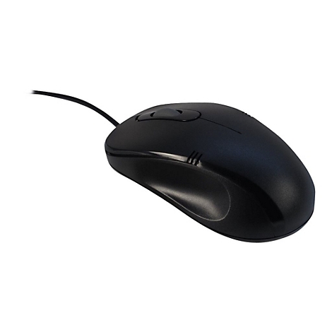 Schwarze, kabelgebundene Computermaus mit ergonomischem Design auf weißem Hintergrund.