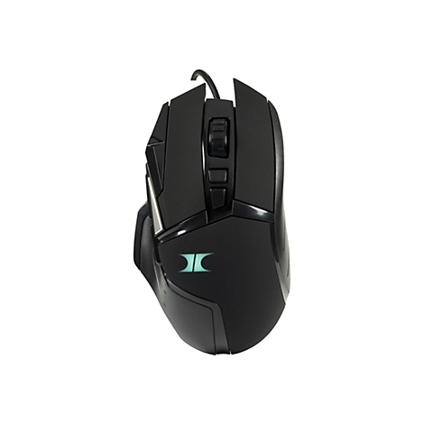 Schwarze Gaming-Maus mit symmetrischem Design, Scrollrad und leuchtendem Logo auf weißem Hintergrund.