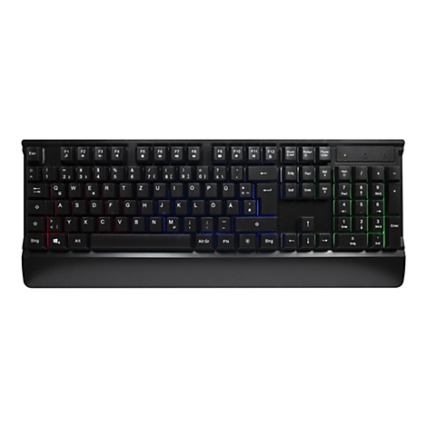 Schwarze Gaming-Tastatur mit deutschem QWERTZ-Layout und dezenter RGB-Beleuchtung vor weißem Hintergrund.