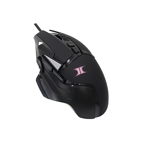 Schwarze Gaming-Maus mit ergonomischem Design, beleuchtetem Logo und Kabel vor weißem Hintergrund.