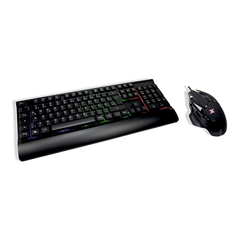 Schwarzes Gaming-Tastatur- und Maus-Set mit RGB-Beleuchtung auf weißem Hintergrund.