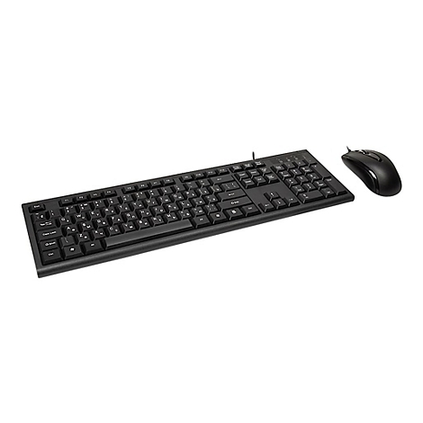 Schwarze Tastatur mit kyrillischen und lateinischen Zeichen sowie eine schwarze Computermaus vor weißem Hintergrund.
