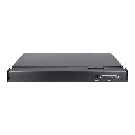 Schwarzes Rackmount-Gehäuse mit DC12V-Netzanschluss und PC-Schnittstelle auf der Rückseite.