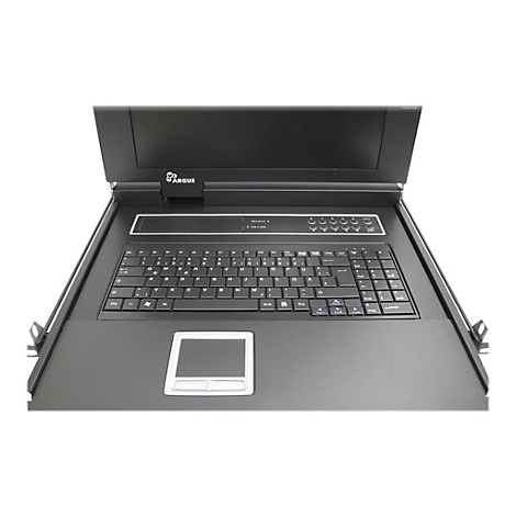 Ausgeklappte Argus-Rackkonsole mit Tastatur, Touchpad und schwarzem Gehäuse vor neutralem Hintergrund.