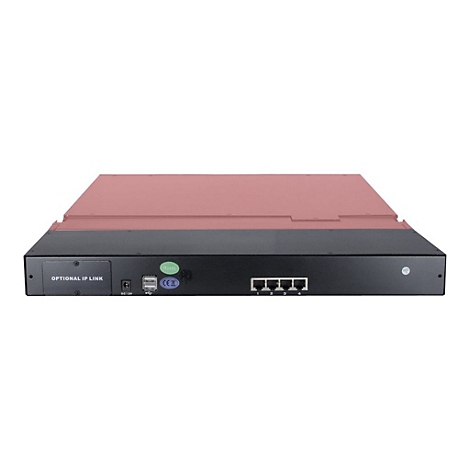 Rückseite eines flachen, schwarzen Netzwerkgeräts mit Anschlüssen, USB-Ports und Aufschrift Optional IP Link.