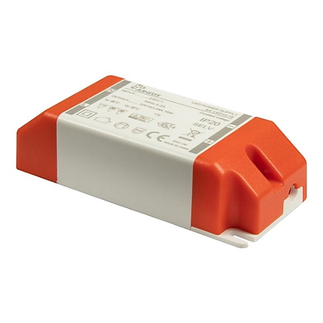 Rechteckiger Argus LED-Netzteil-Trafo mit orangefarbenen Endkappen und weißem Gehäuse auf weißem Grund.
