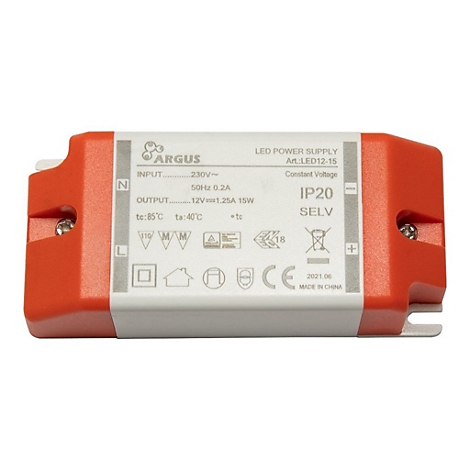 Rechteckiger Argus LED-Netzteil mit orangefarbenen Enden und weißen Gehäuse mit technischen Daten.