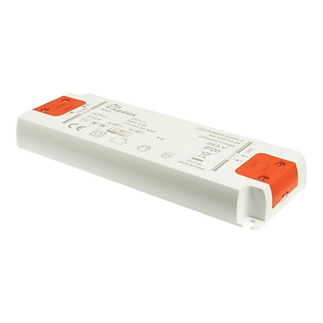 Länglicher, weißer LED-Trafo von Argus mit orangefarbenen Anschlussteilen auf weißem Grund.