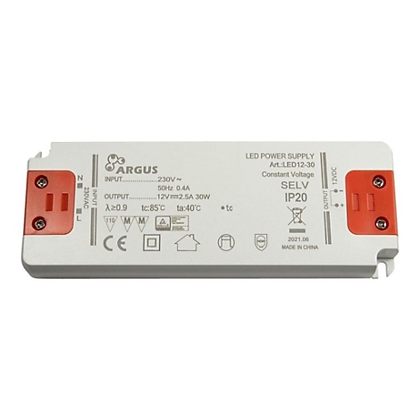 Rechteckiger, weißer LED-Transformator von Argus mit roten Anschlussabdeckungen und technischen Produktdaten.