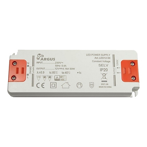 Rechteckiges LED-Netzteil in Weiß mit orangen Anschlussabdeckungen und technischen Aufdrucken auf der Oberseite.