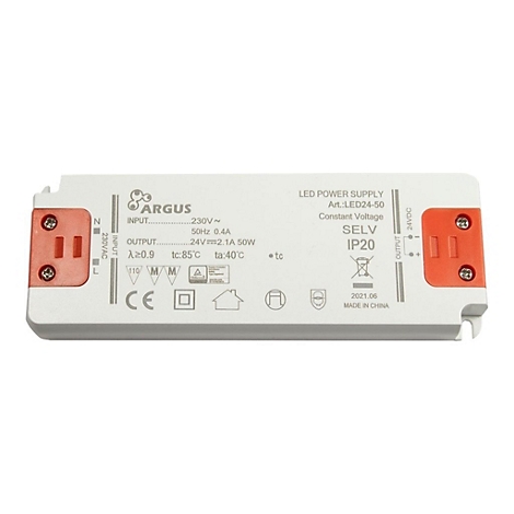 Weißes Argus LED-Netzteil LED24-50 mit orangen Anschlussabdeckungen auf weißem Grund.