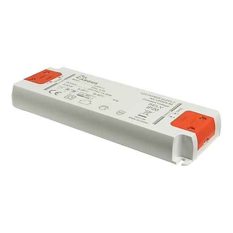 Länglicher weißer LED-Transformator mit orangen Anschlusselementen auf weißem Hintergrund.