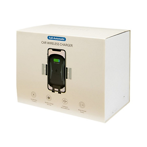 Produktverpackung eines vollautomatischen, kabellosen Auto-Ladegeräts mit Smartphone-Abbildung.