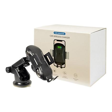Automatischer kabelloser Kfz-Ladehalter vor seiner Verpackung mit Produktbild.