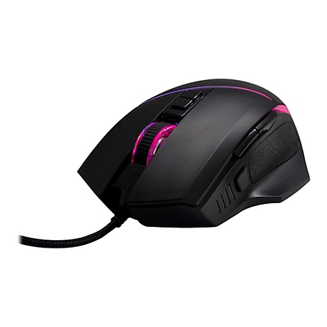 Schwarze Gaming-Maus mit pinker LED-Beleuchtung am Scrollrad und Gehäuserand, kabelgebunden.