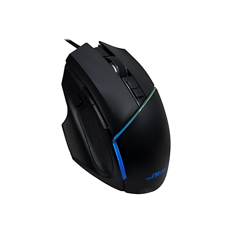 Schwarze Gaming-Maus mit blauer LED-Beleuchtung und ergonomischem Design vor weißem Hintergrund.