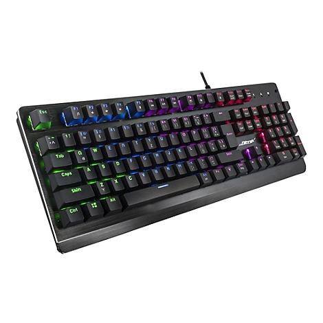 Schwarze Gaming-Tastatur mit mehrfarbiger Hintergrundbeleuchtung und schwarzen Tasten vor weiÃŸem Hintergrund.
