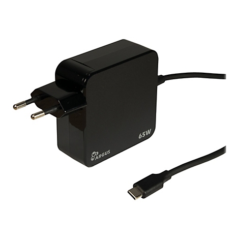 Schwarzes 65W Argus Netzteil mit Eurostecker und USB-C-Kabel vor weißem Hintergrund.