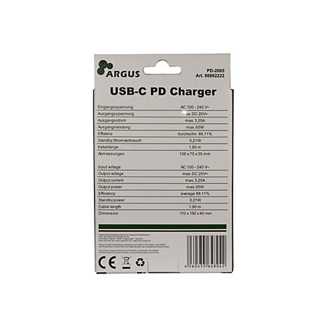 Rückseite einer Argus USB-C PD Charger Verpackung mit technischen Spezifikationen und Barcode.