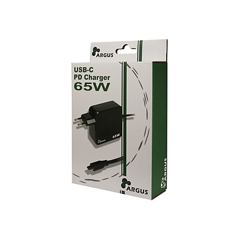 Produktverpackung eines Argus 65W USB-C PD Ladegeräts auf weißem Hintergrund.