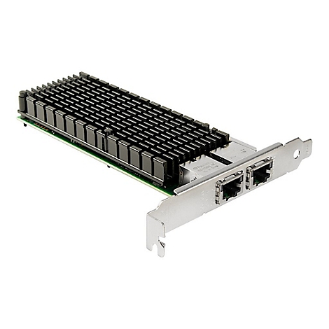 Eine schwarze Dual-Port-Netzwerkkarte mit Kühlkörper vor weißem Hintergrund.