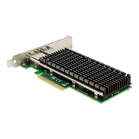 Netzwerkkarte mit grünem PCB und großem schwarzem Kühlkörper vor neutralem Hintergrund.