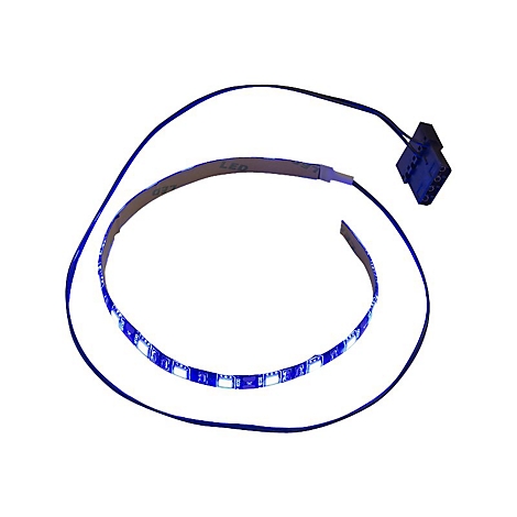 Blaues LED-Lichtband mit schwarzem Anschlussstecker auf weißem Hintergrund.
