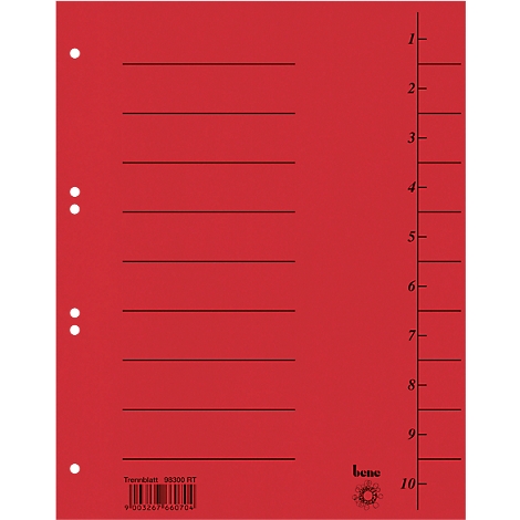 Séparateur rouge avec lignes et chiffres noirs. Trois trous à gauche, rangée de chiffres à droite.